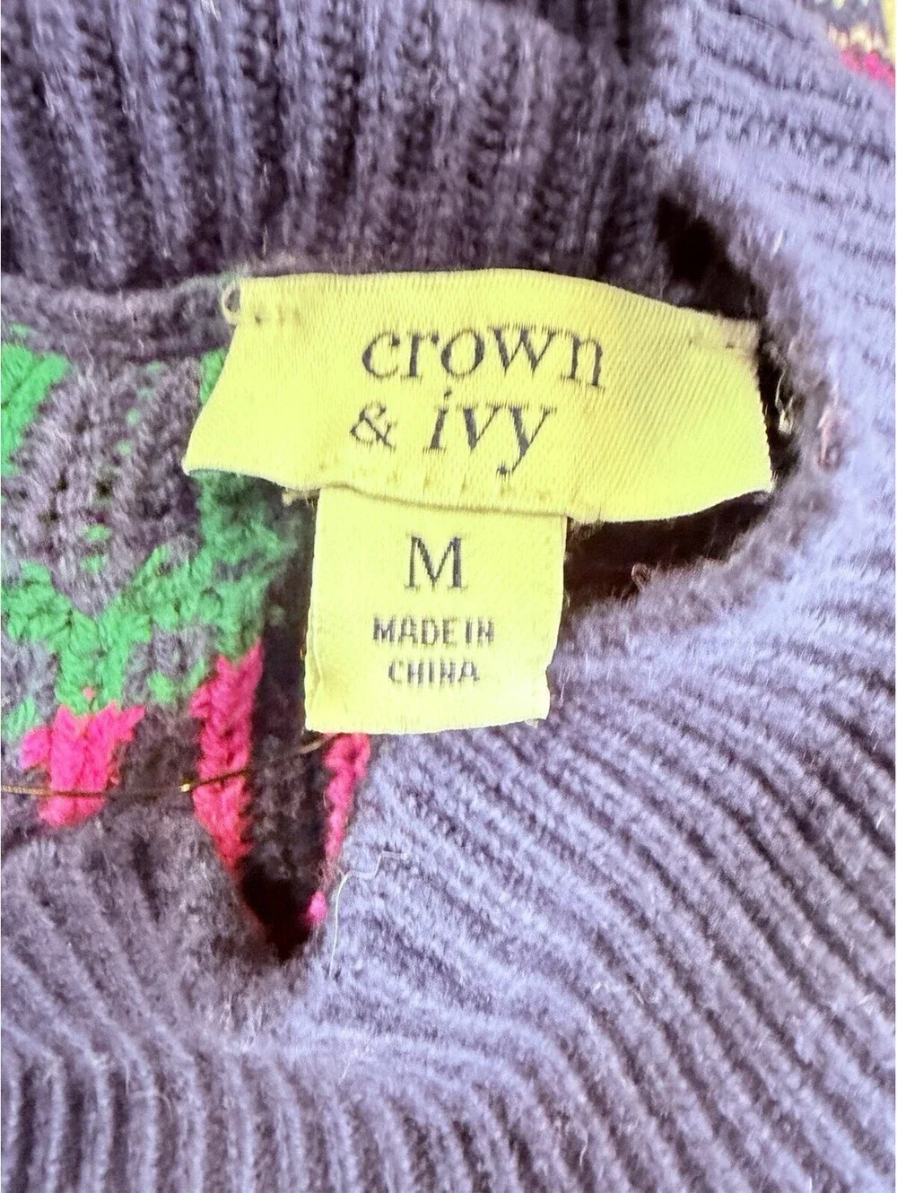 Crown & Ivy Fair Isle Mock Neck Sweater Navy Pink Green White Women's M Oversize